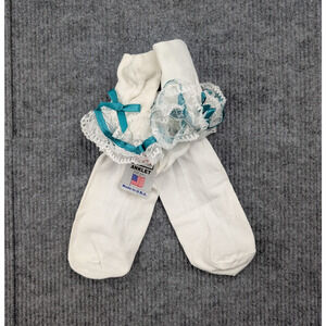 Vintage Lace Ruffle Socks Womens 8-9.5 Nylon Coquette Cream Teal Frilly Church